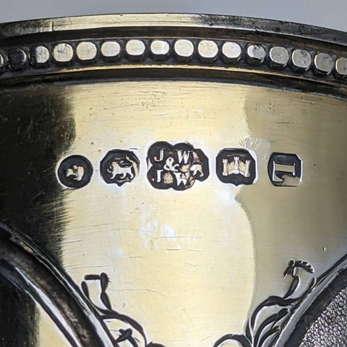 1867年 英国アンティーク 純銀ゴールド装飾 花彫刻マグカップ 150g